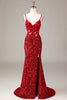 Load image into Gallery viewer, Glitter Mirror Sequins Red Corset Prom Dress with Slit