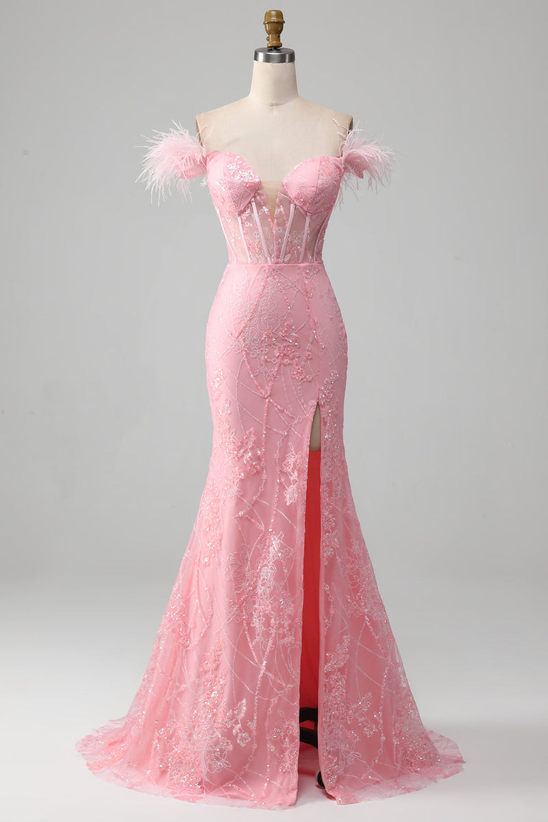 Load image into Gallery viewer, Mermaid Off the Shoulder Sparkly Pink Feathers Corset Prom Dress With Slit