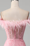 Mermaid Off the Shoulder Sparkly Pink Feathers Corset Prom Dress With Slit