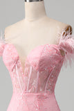 Mermaid Off the Shoulder Sparkly Pink Feathers Corset Prom Dress With Slit