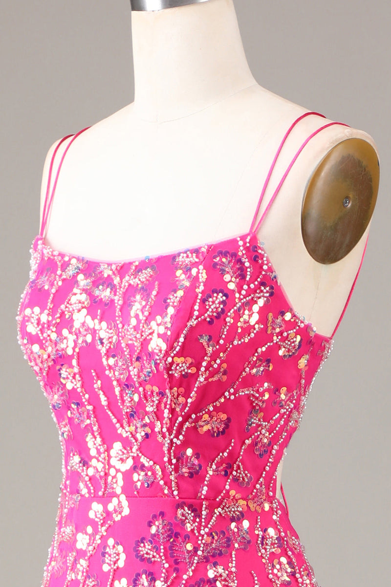 Load image into Gallery viewer, Hot Pink Sequins &amp; Beaded Mermaid Prom Dress with Slit