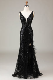 Black Sparkly Depp V-neck Mermaid Prom Dress with Feathers