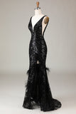 Black Sparkly Depp V-neck Mermaid Prom Dress with Feathers