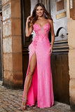 Pink Spaghetti Straps Glitter Sequin Mermaid Prom Dress with Slit