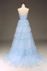 Load image into Gallery viewer, Tulle Light Blue Tiered Prom Dress with Slit
