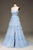 Load image into Gallery viewer, Tulle Light Blue Tiered Prom Dress with Slit