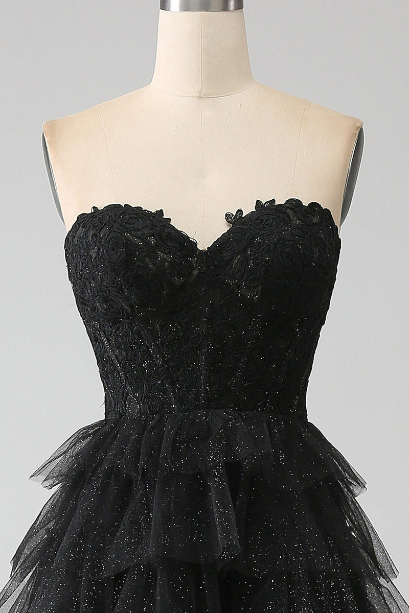 Load image into Gallery viewer, Glitter Sweetheart Black Corset Prom Dress with Slit