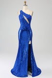 One Shoulder Royal Blue Mermaid Prom Dress with Slit