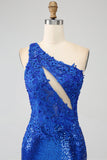 One Shoulder Royal Blue Mermaid Prom Dress with Slit