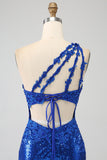 One Shoulder Royal Blue Mermaid Prom Dress with Slit