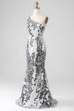 Silver Mirror Sequins One Shoulder Prom Dress with Hollow-out