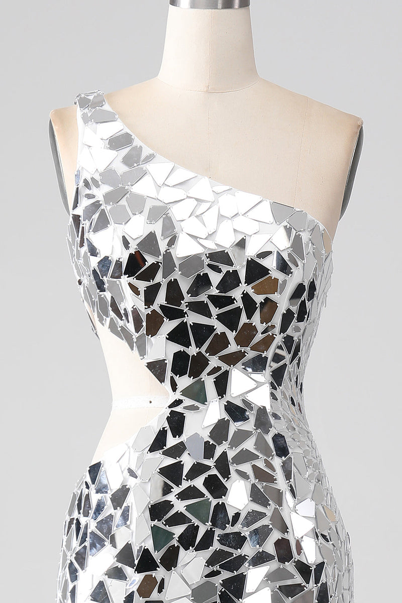 Load image into Gallery viewer, Silver Mirror Sequins One Shoulder Prom Dress with Hollow-out