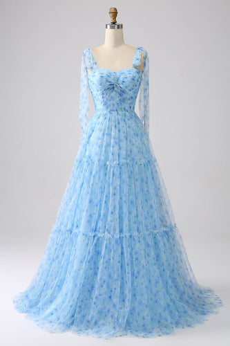 Light Blue A-Line Spaghetti Straps Long Prom Dress
