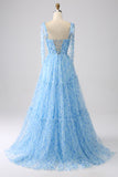 Light Blue A-Line Spaghetti Straps Long Prom Dress