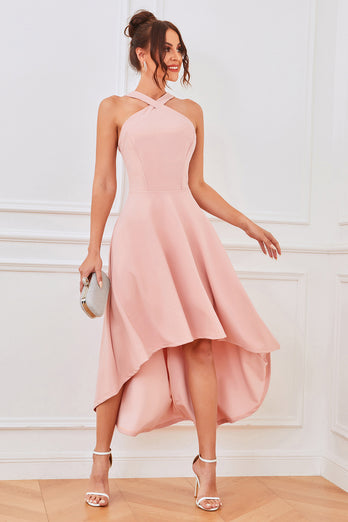 Pink A Line Halter High Low Graduation Dress