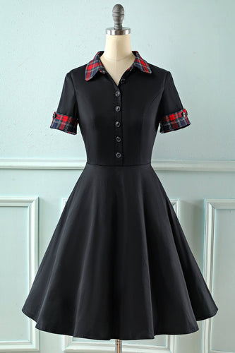 Black Lapel Neck Plaid Vintage 1950s Dress