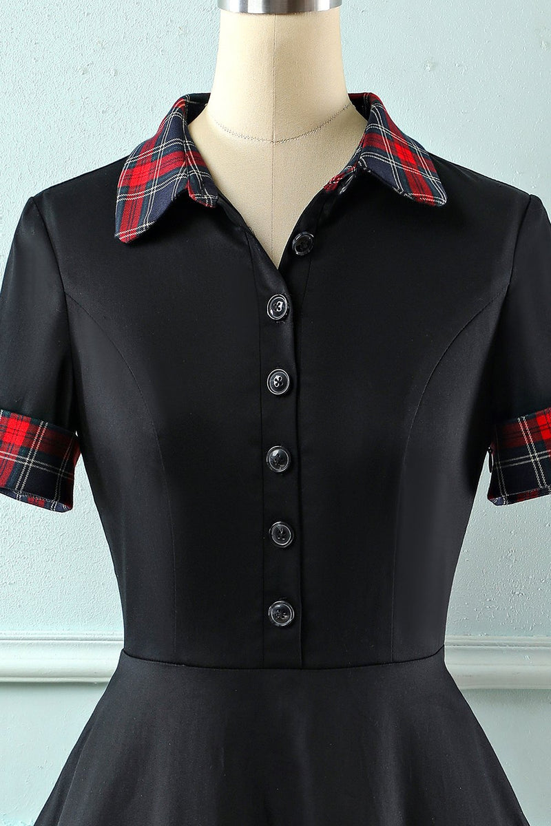 Load image into Gallery viewer, Black Lapel Neck Plaid Vintage 1950s Dress