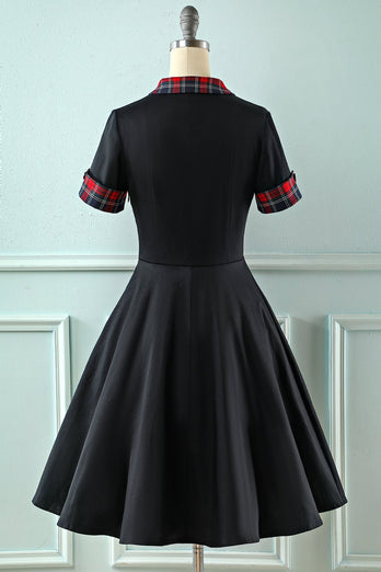 Black Lapel Neck Plaid Vintage 1950s Dress