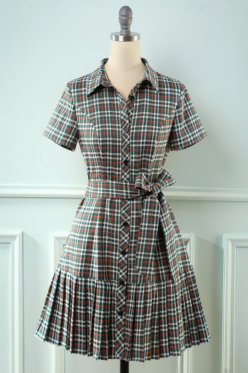 Load image into Gallery viewer, V Neck Grid Grey Vintage Dress with Short Sleeves