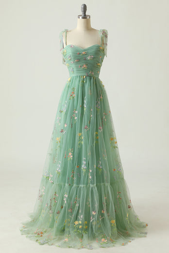 A Line Spaghetti Straps Champagne Prom Dress with Embroidery
