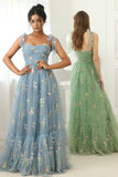 A Line Spaghetti Straps Champagne Prom Dress with Embroidery