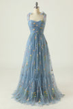 A Line Spaghetti Straps Champagne Prom Dress with Embroidery