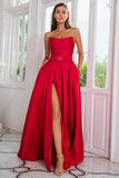 A Line Strapless Red Long Prom Dress with Split Front