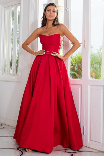 A Line Strapless Red Long Prom Dress with Split Front
