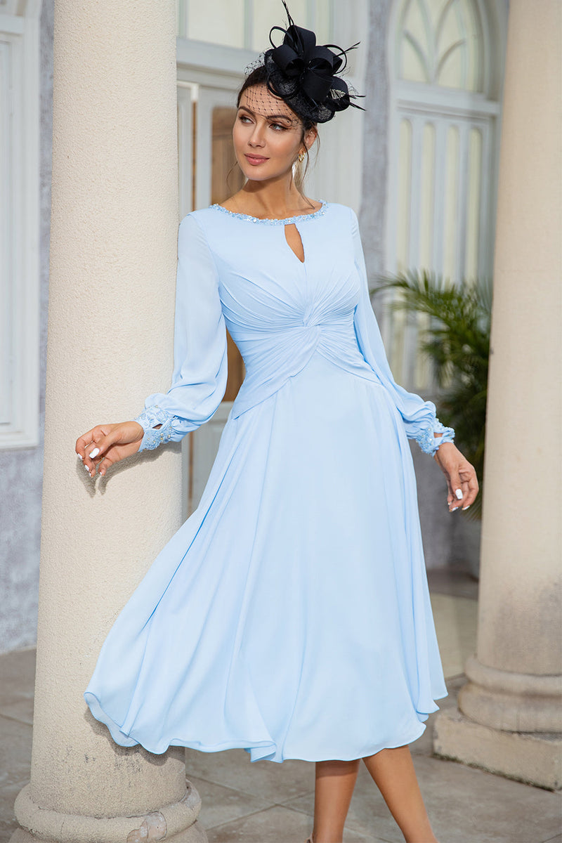 Zapaka Women Chiffon Mother of the Bride Dress Sky Blue Long Sleeves  Wedding Guest Dress with Sequins – Zapaka CA