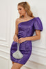 Load image into Gallery viewer, Purple One Shoulder Puff Sleeves Sequined Graduation Dress