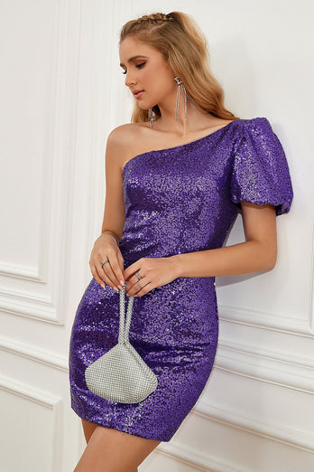 Purple One Shoulder Puff Sleeves Sequined Graduation Dress