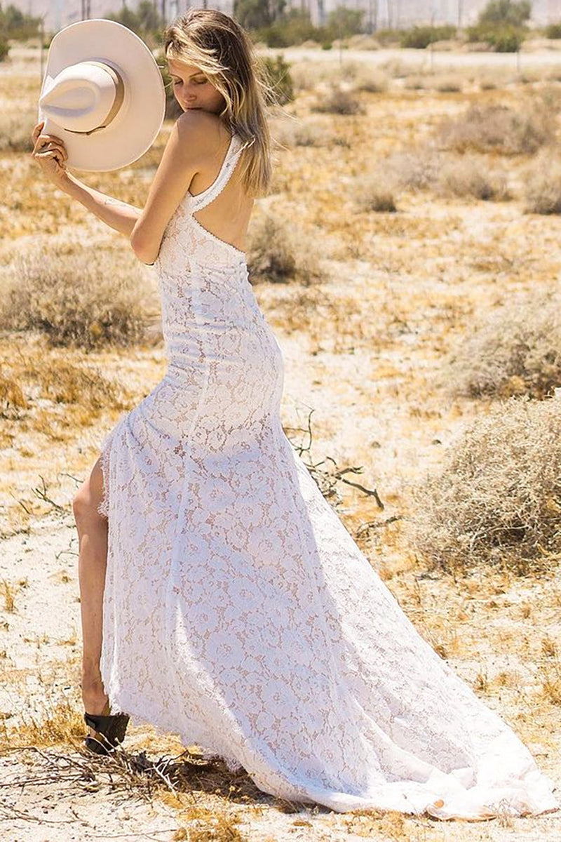 Load image into Gallery viewer, Ivory Open Back Boho Lace Wedding Dress
