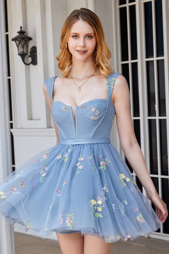 Cute A Line Sweetheart Grey Blue Short Graduation Dress with Embroidery