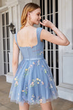 Cute A Line Sweetheart Grey Blue Short Graduation Dress with Embroidery