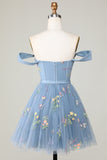 Cute A Line Sweetheart Grey Blue Short Graduation Dress with Embroidery