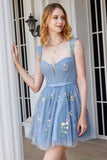 Cute A Line Sweetheart Grey Blue Short Graduation Dress with Embroidery