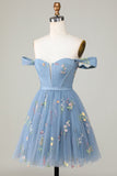 Cute A Line Sweetheart Grey Blue Short Graduation Dress with Embroidery