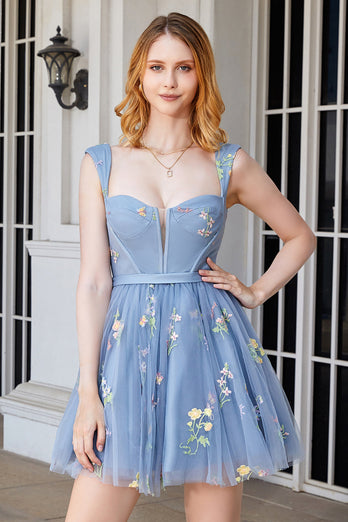 Cute A Line Sweetheart Grey Blue Short Graduation Dress with Embroidery
