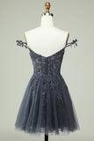 Cute A Line Spaghetti Straps Grey Short Graduation Dress with Appliques