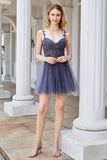 A Line Spaghetti Straps Grey Short Graduation Dress with Appliques