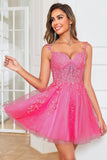 Stylish A Line Spaghetti Straps Pink Short Graduation Dress with Appliques