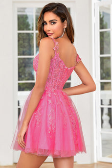 Stylish A Line Spaghetti Straps Pink Short Graduation Dress with Appliques