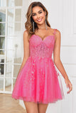 Stylish A Line Spaghetti Straps Pink Short Graduation Dress with Appliques