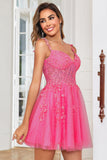 Stylish A Line Spaghetti Straps Pink Short Graduation Dress with Appliques