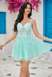 Unique A Line Spaghetti Straps Mint Short Graduation Dress with Appliques