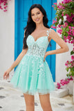 Unique A Line Spaghetti Straps Mint Short Graduation Dress with Appliques