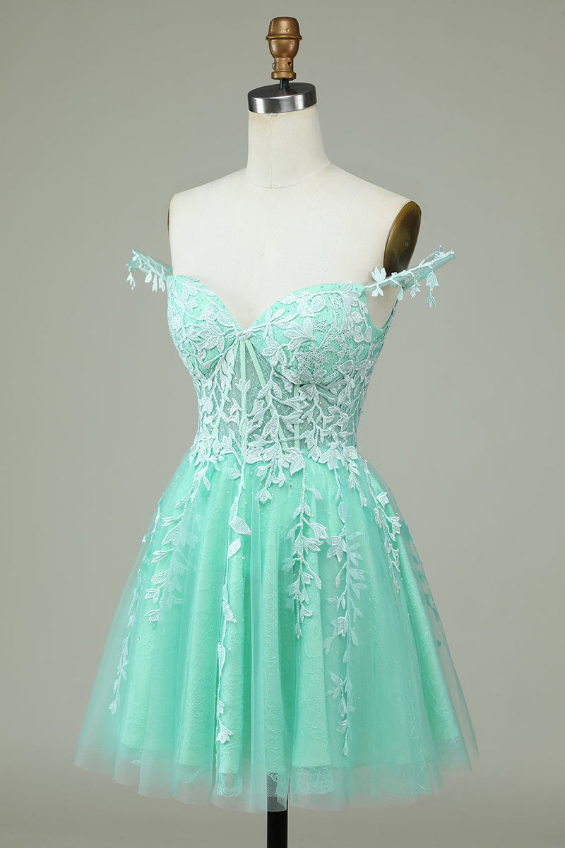 Load image into Gallery viewer, Cute A Line Spaghetti Straps Mint Short Graduation Dress with Appliques