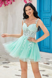 Unique A Line Spaghetti Straps Mint Short Graduation Dress with Appliques