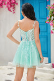 Unique A Line Spaghetti Straps Mint Short Graduation Dress with Appliques