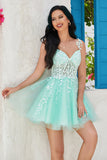 Unique A Line Spaghetti Straps Mint Short Graduation Dress with Appliques